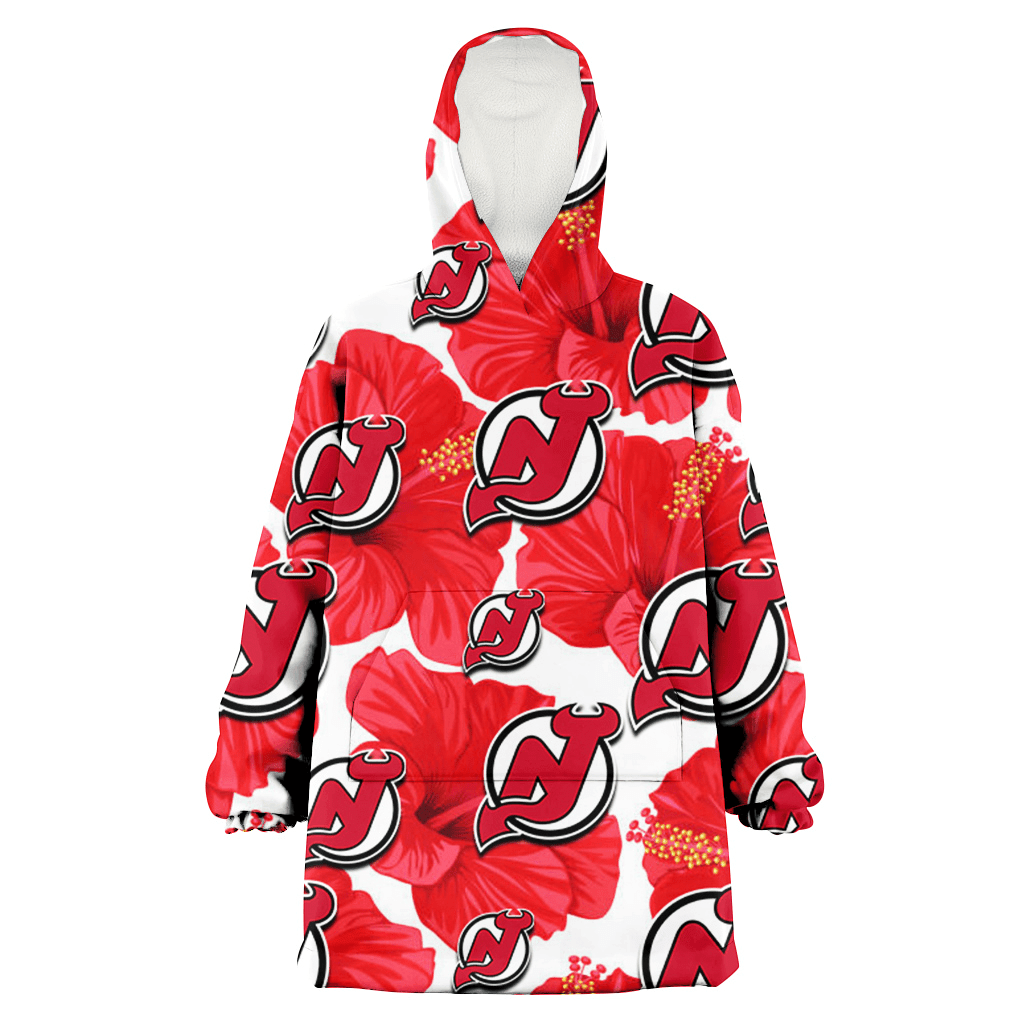 New Jersey Devils Big Red Hibiscus White Background 3D Printed Hoodie Blanket Snug Hoodie