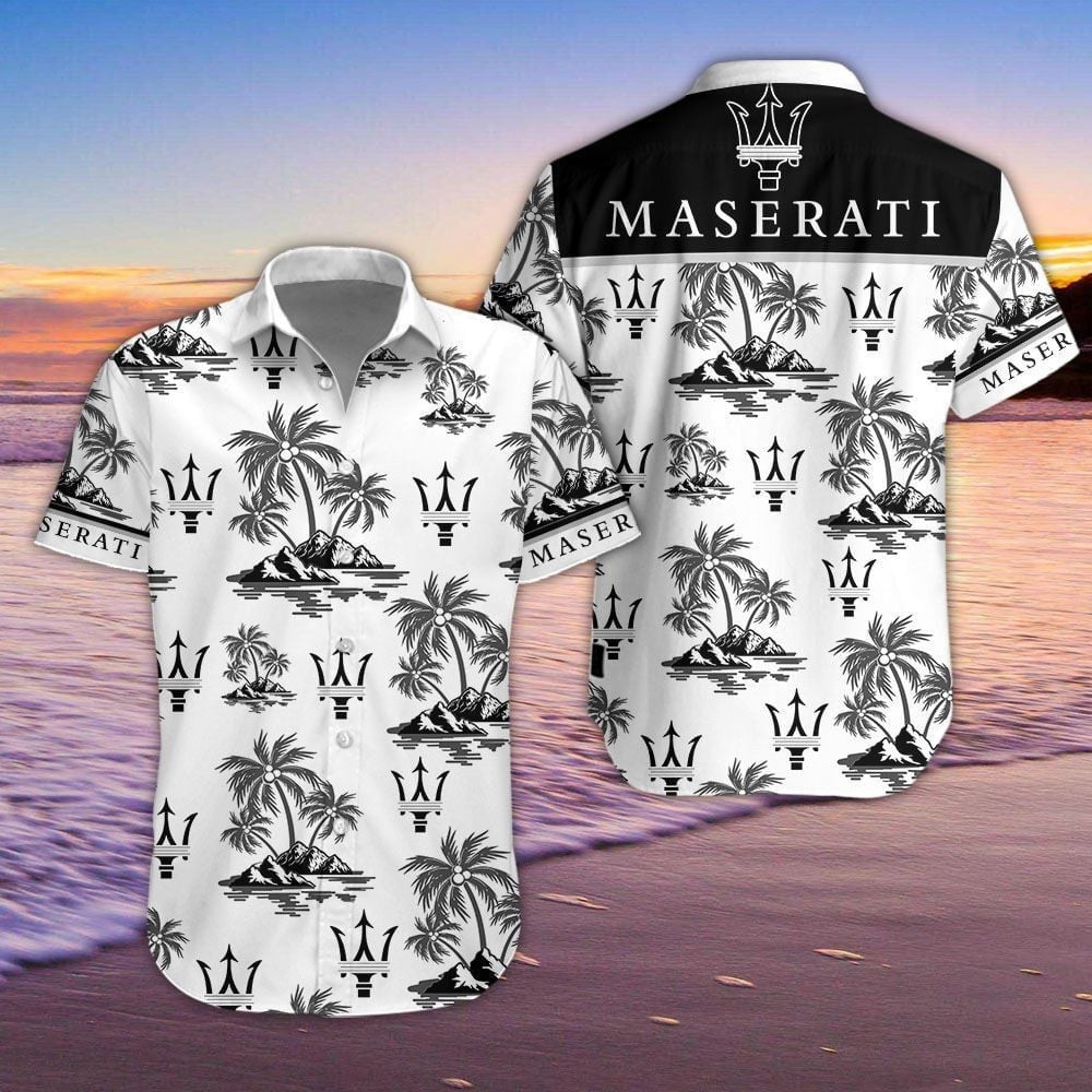 Maserati Car Island Palm Trees And Logo 3D Hawaiian Shirt