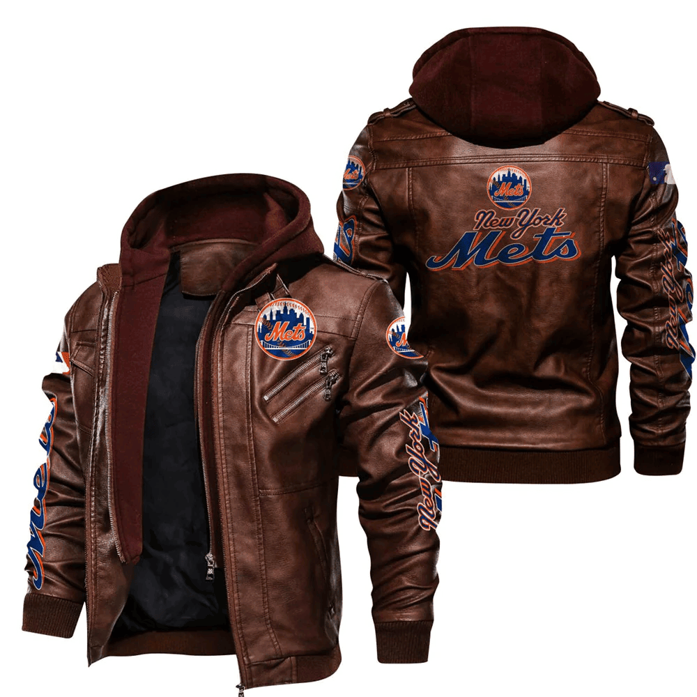 New York Mets Zip Leather Jacket With Hood