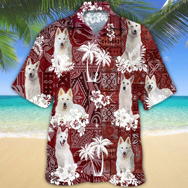 White German Shepherd Hawaiian Shirt, Cute Dog Hawaii Shirt Red Pattern