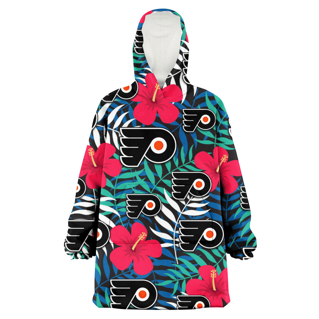 Philadelphia Flyers Red Hibiscus Green Blue White Leaf Black Background 3D Printed Hoodie Blanket Snug Hoodie