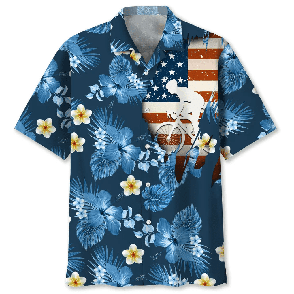 Cycling Usa Blue Tropical Hawaiian Shirt, Hawaii Shirt For Men Women, Flag Shirt