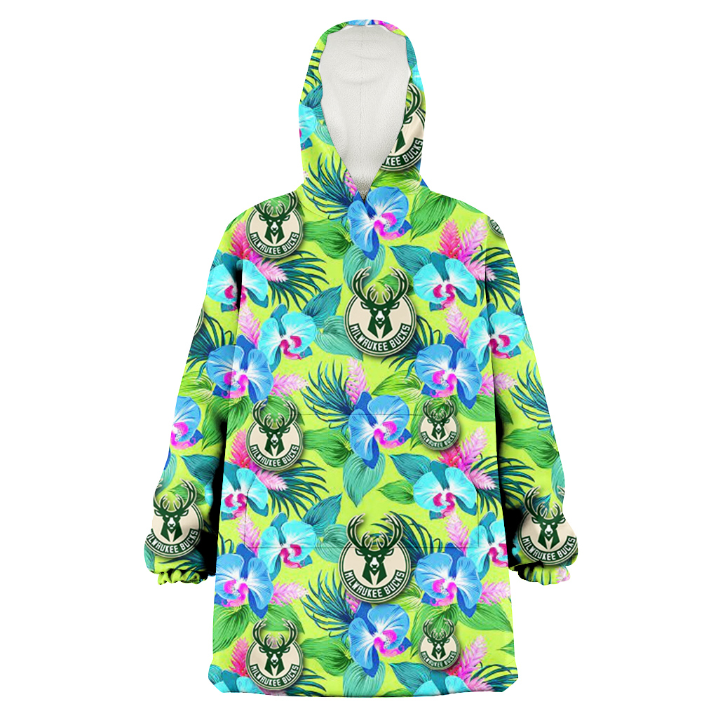 Milwaukee Bucks Blue Orchid Green Pink Leaf Green Background 3D Printed Hoodie Blanket Snug Hoodie