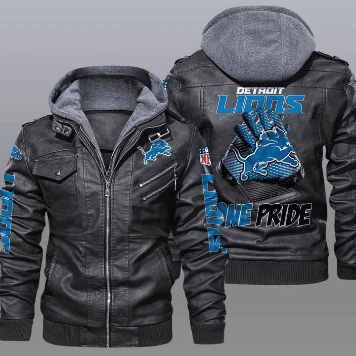 Detroit Lions Zip Leather Jacket With Hood