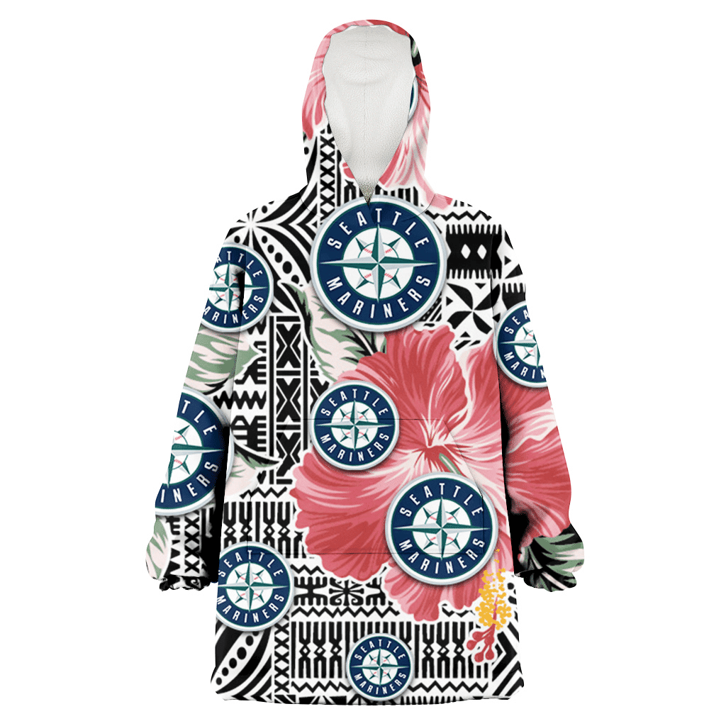 Seattle Mariners Pink Hibiscus Black Pattern White Background 3D Printed Hoodie Blanket Snug Hoodie