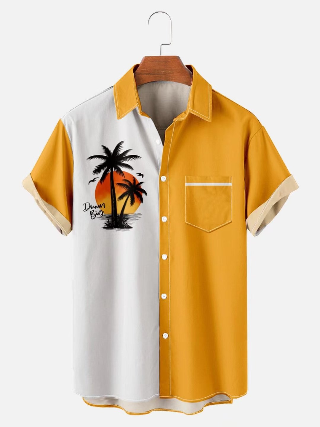 Mens Geometric Coconut Tree Print Casual Breathable Hawaiian Short Sleeved Shirt