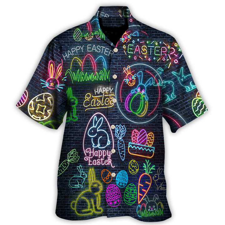 Easter Is Coming Rabbit Neon Style In Black Hawaiian Shirt Aloha Regular Fit Short Sleeve Casual Shirt For Men And Women