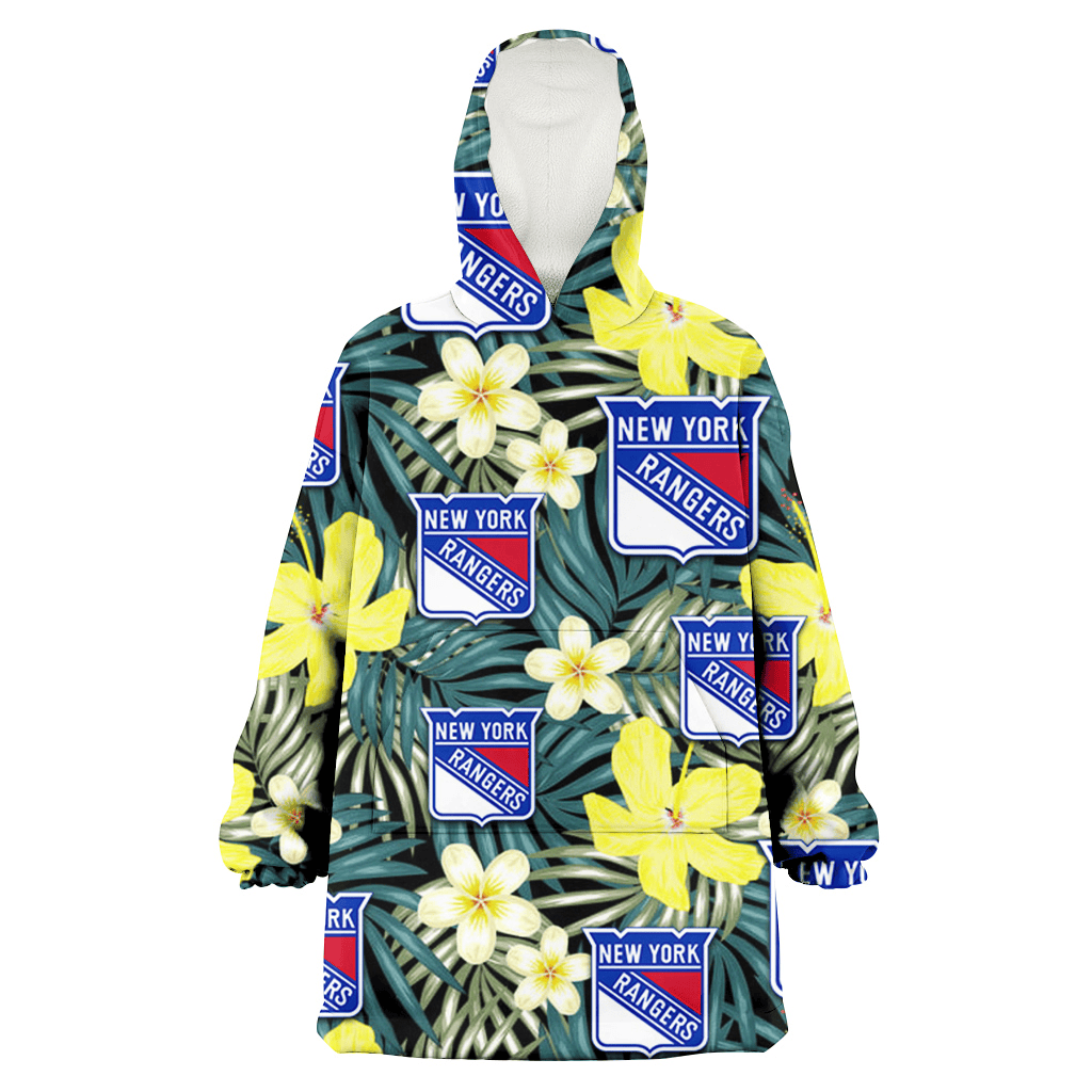 New York Rangers Hibiscus Green Palm Leaf Black Background 3D Printed Hoodie Blanket Snug Hoodie