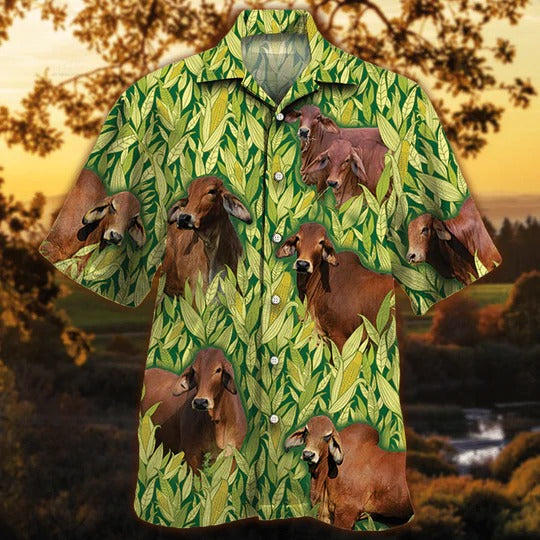 Red Brahman Cattle Lovers Corn Pattern Hawaiian Shirt, Unisex Print Aloha Short Sleeve Casual Shirt