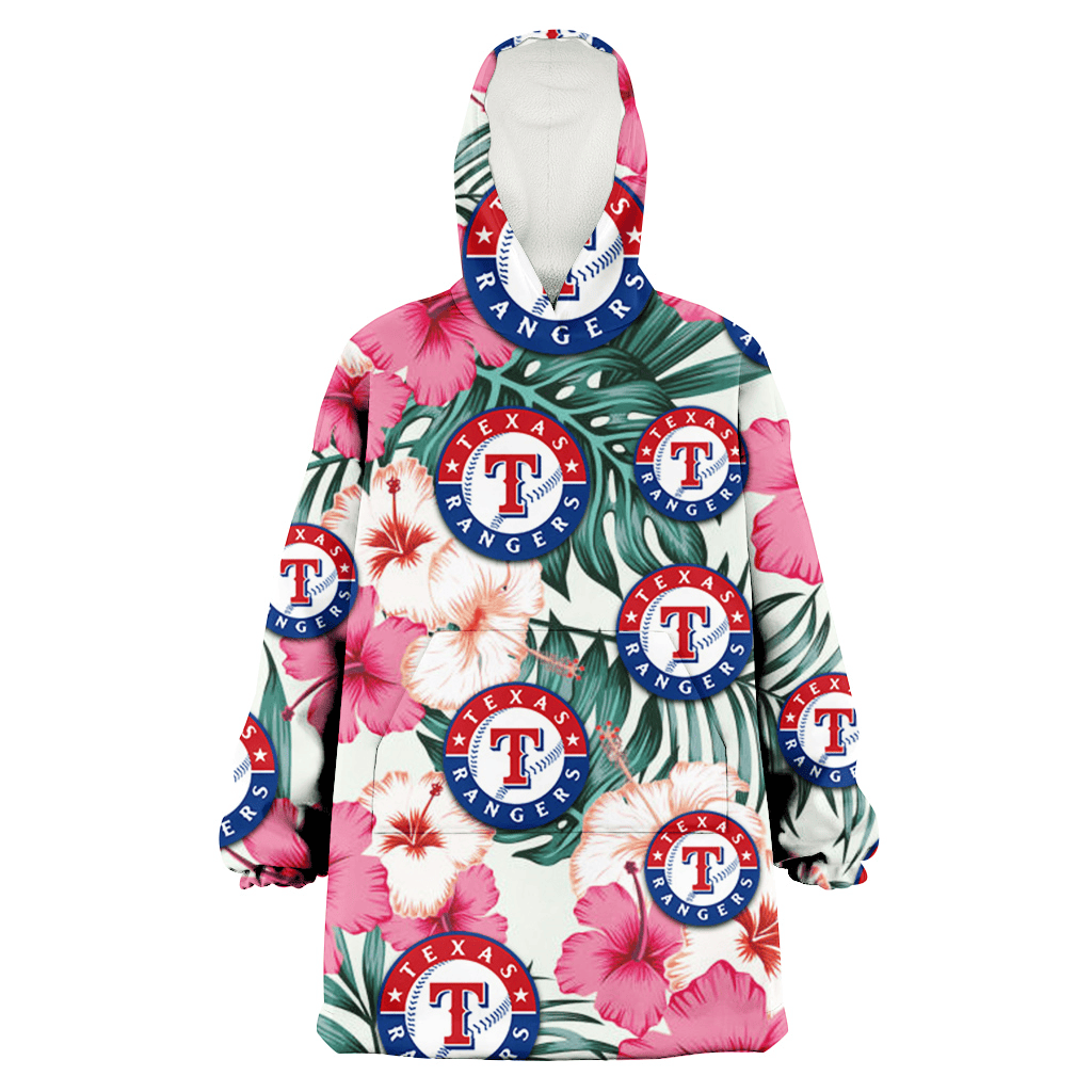 Texas Rangers Coral Pink Hibiscus Green Leaf Beige Background 3D Printed Hoodie Blanket Snug Hoodie