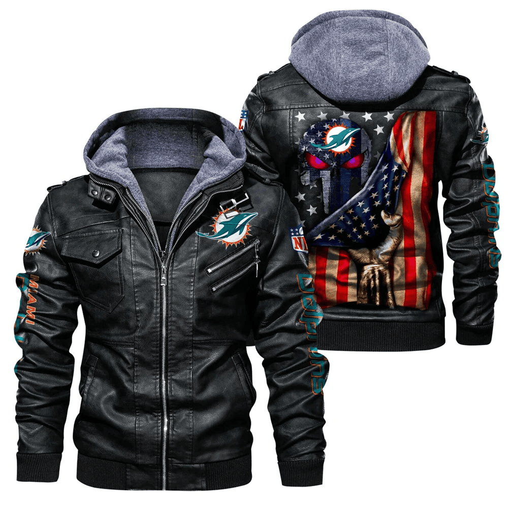 Miami Dolphins American Flag 3D Zip Leather Jacket With Hood