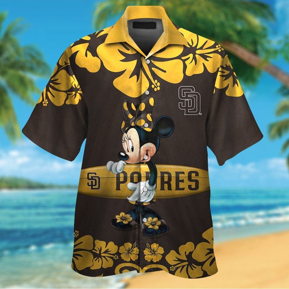 San Diego Padres Minnie Mouse Short Sleeve Button Up Tropical Hawaiian Shirt