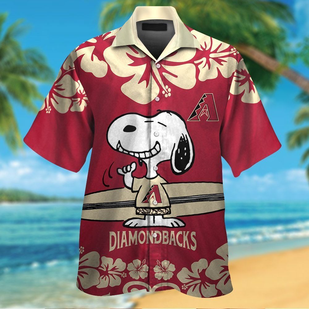 Arizona Diamondbacks Snoopy Short Sleeve Button Up Tropical Hawaiian Shirt