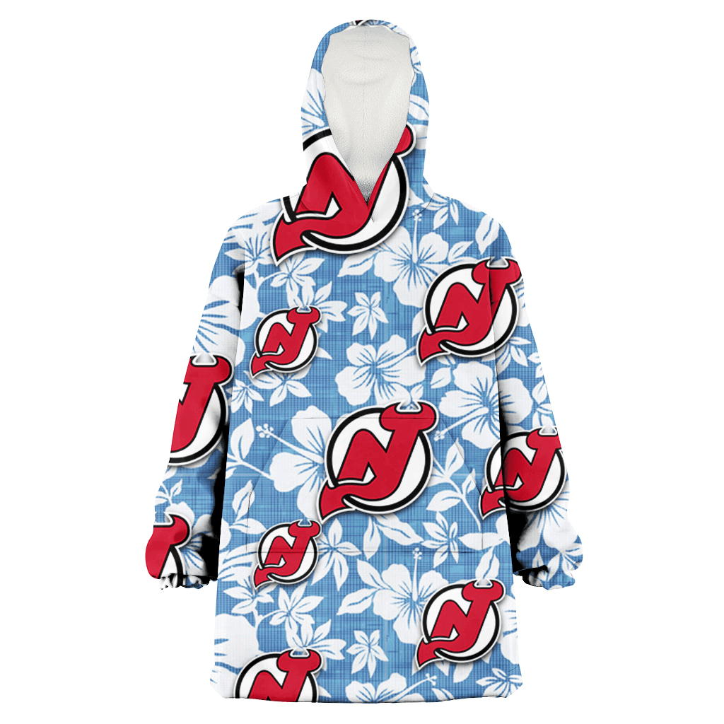 New Jersey Devils White Hibiscus Light Blue Texture Background 3D Printed Hoodie Blanket Snug Hoodie