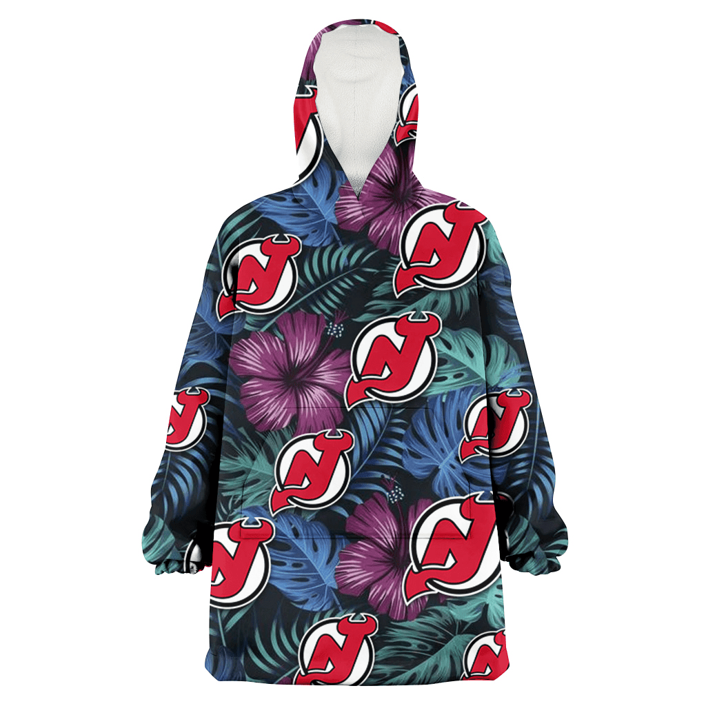 New Jersey Devils Dark Magenta Green Leaf Black Background 3D Printed Hoodie Blanket Snug Hoodie