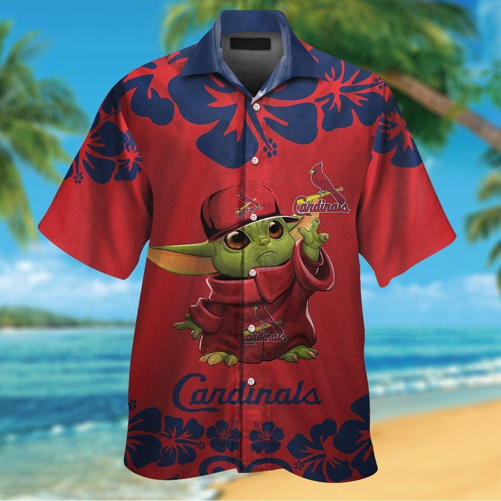 St Louis Cardinals Baby Yoda Short Sleeve Button Up Tropical Hawaiian Shirt