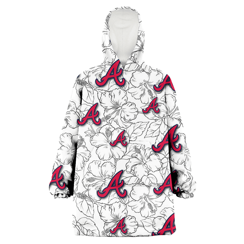 Atlanta Braves White Sketch Hibiscus Pattern White Background 3D Printed Hoodie Blanket Snug Hoodie