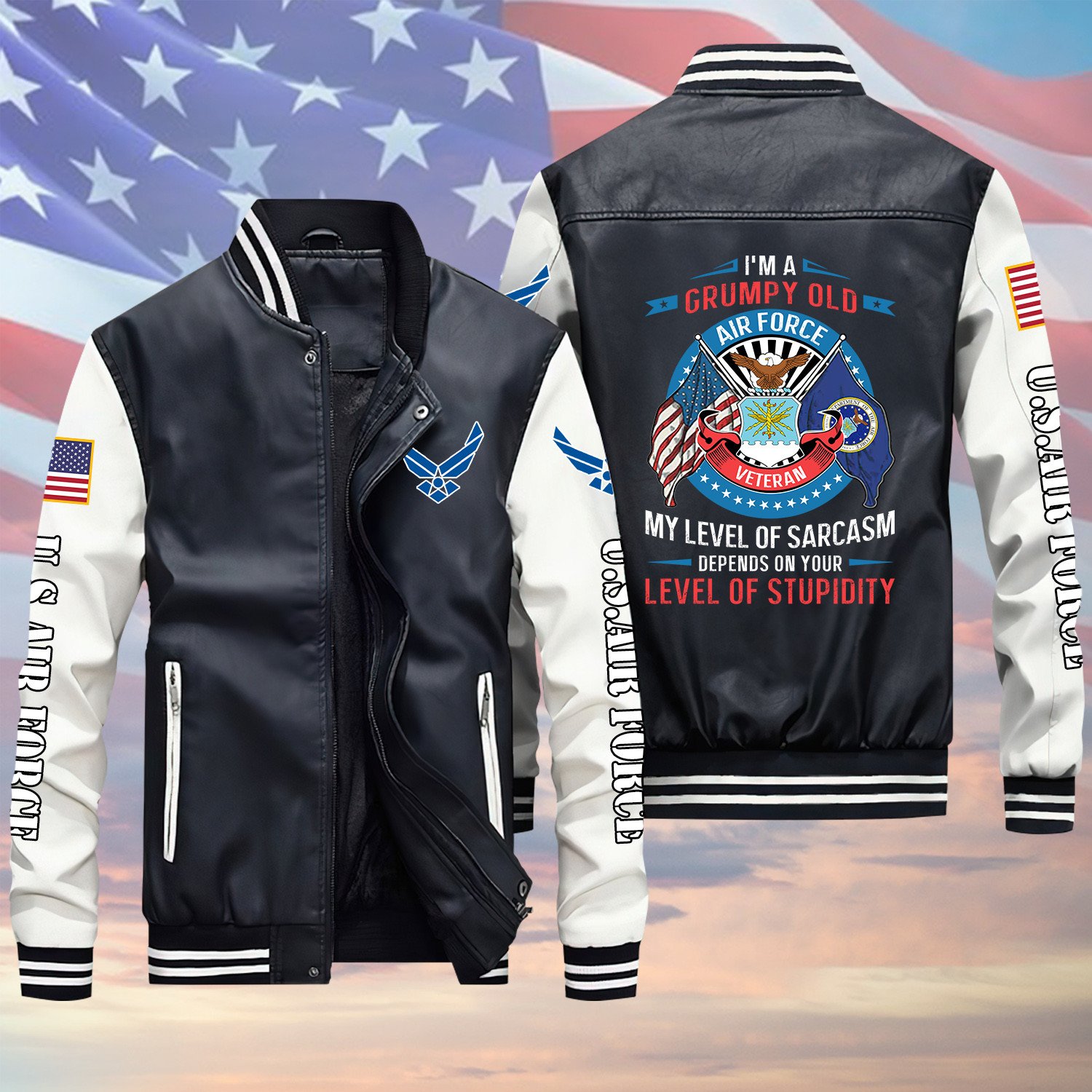 I’m A Grumpy Old Air Force Veteran Flag Black Winter Gear Leather Bomber Leterman Varsity Jacket