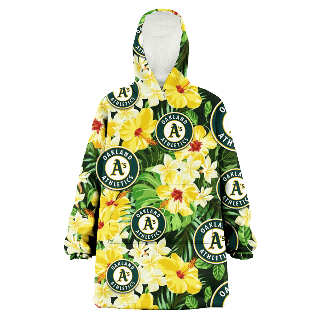 Oakland Athletics Yellow Hibiscus Tropical Green Leaf Black Background 3D Printed Hoodie Blanket Snug Hoodie