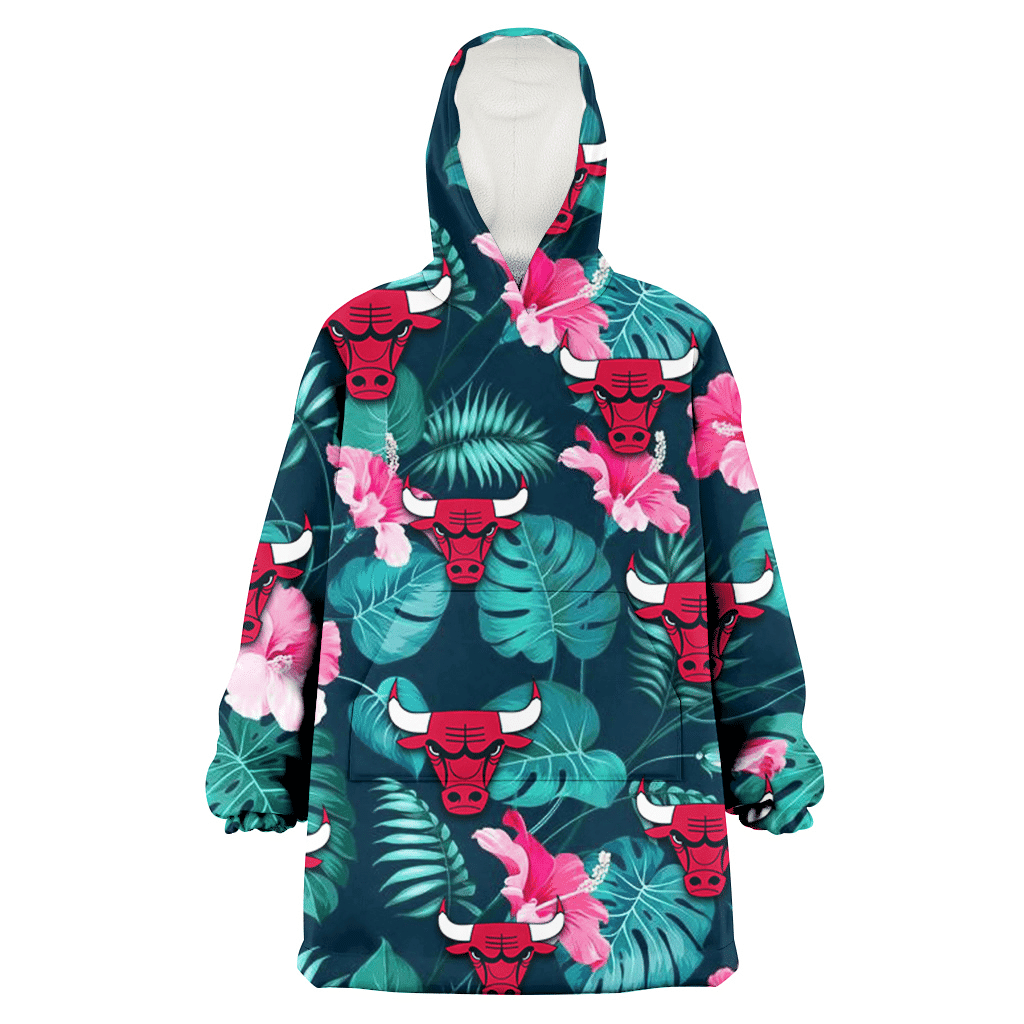 Chicago Bulls Pink Hibiscus Green Leaves Dark Background 3D Printed Hoodie Blanket Snug Hoodie