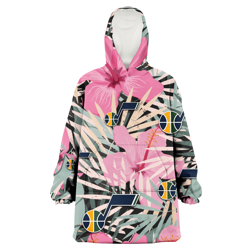 Utah Jazz Light Pink Hibiscus Pale Green Leaf Black Background 3D Printed Hoodie Blanket Snug Hoodie