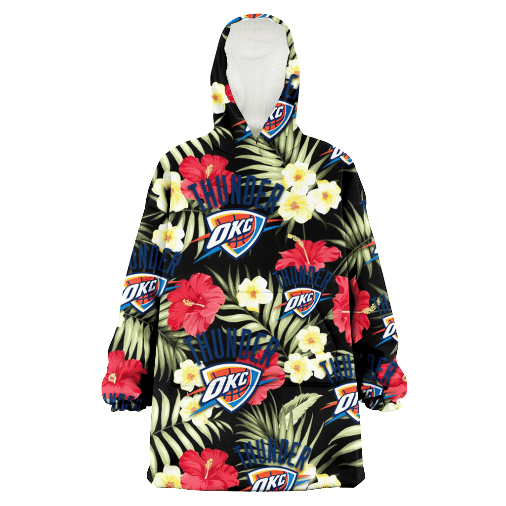 Oklahoma City Thunder Red Hibiscus Yellow Porcelain Flower Black Background 3D Printed Hoodie Blanket Snug Hoodie