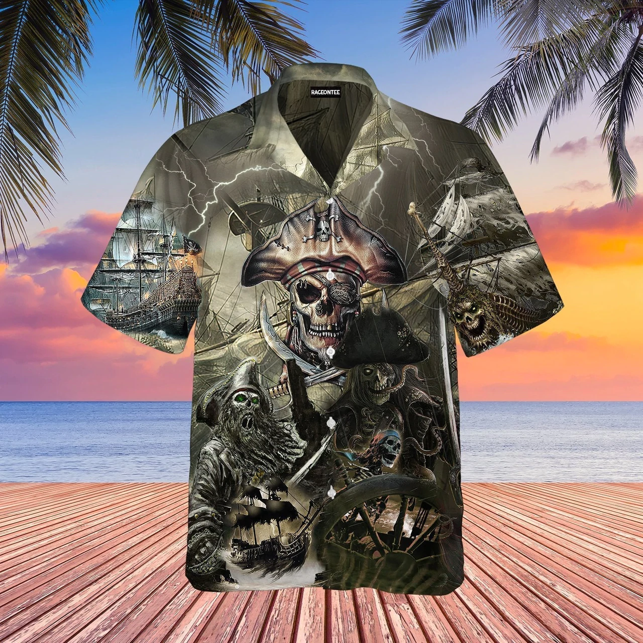 Caribbean Skull Pirate Ghost Ship Hawaiian Shirt