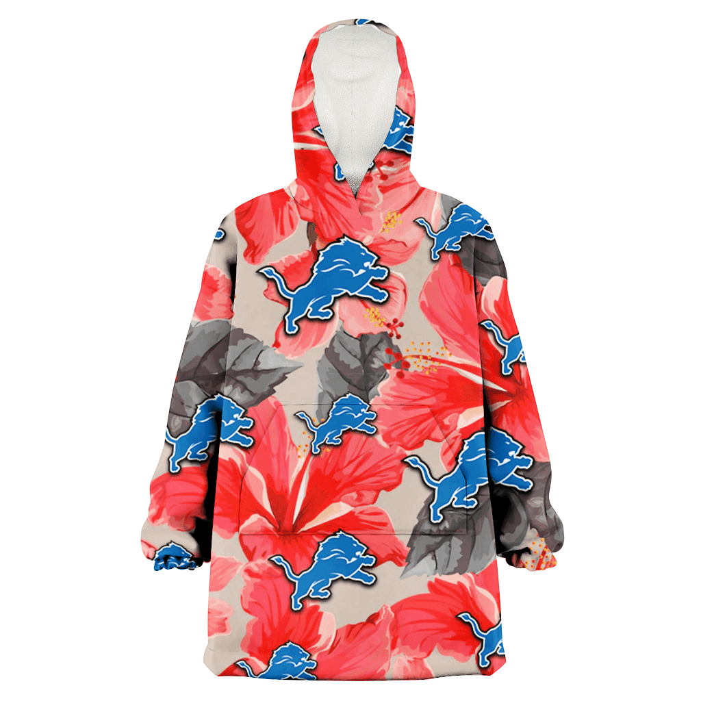 Detroit Lions Red Hibiscus Gray Leaf Beige Background 3D Printed Hoodie Blanket Snug Hoodie