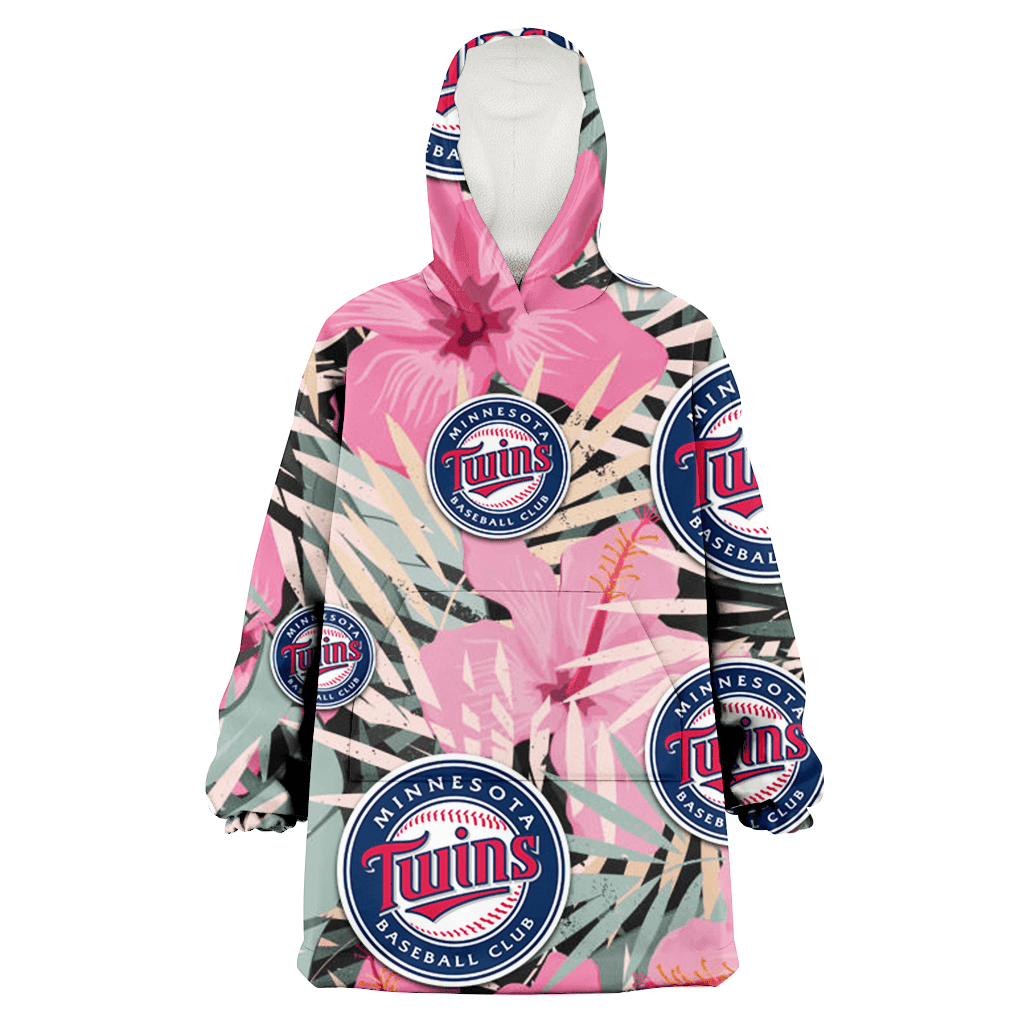 Minnesota Twins Light Pink Hibiscus Pale Green Leaf Black Background 3D Printed Hoodie Blanket Snug Hoodie