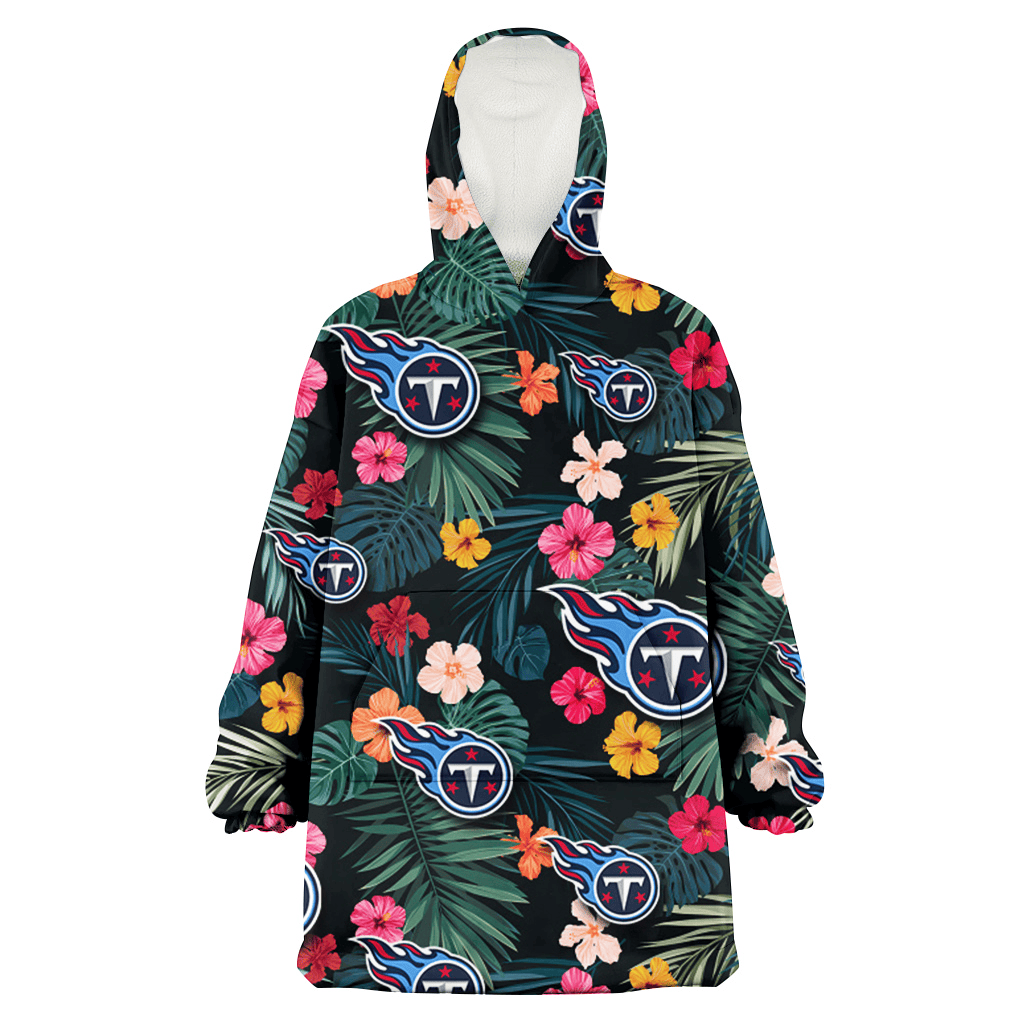 Tennessee Titans Pink Yellow Orange Hibiscus Big Tropical Leaf Black Background 3D Printed Hoodie Blanket Snug Hoodie