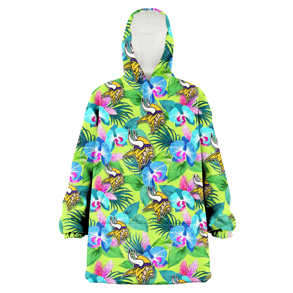 Minnesota Vikings Blue Orchid Green Pink Leaf Green Background 3D Printed Hoodie Blanket Snug Hoodie