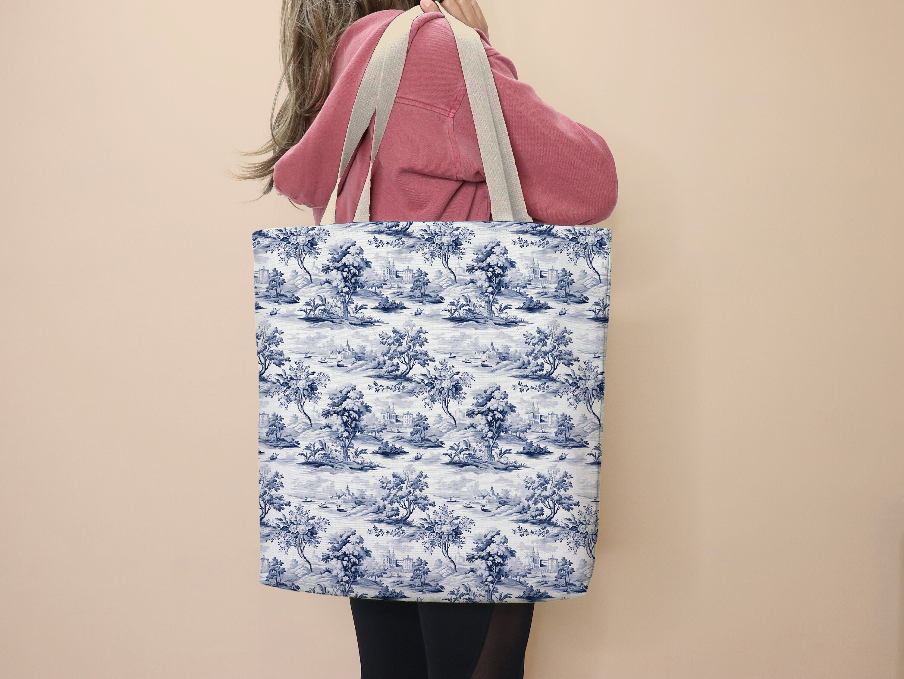 Blue Toile Tote Bag Toile Blue Bag School Tote Toile Lover Gift for Her Toile de Jouy Tote Grocery Bag Work Tote French Toile Blue White