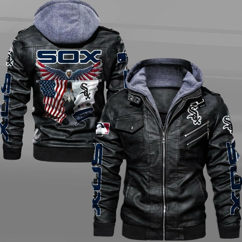 Chicago White Sox MLB Eagle American Flag Team Logo Zip Leather Jacket With Hood