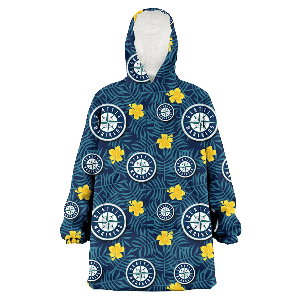 Seattle Mariners Yellow Hibiscus Cadet Blue Leaf Navy Background 3D Printed Hoodie Blanket Snug Hoodie