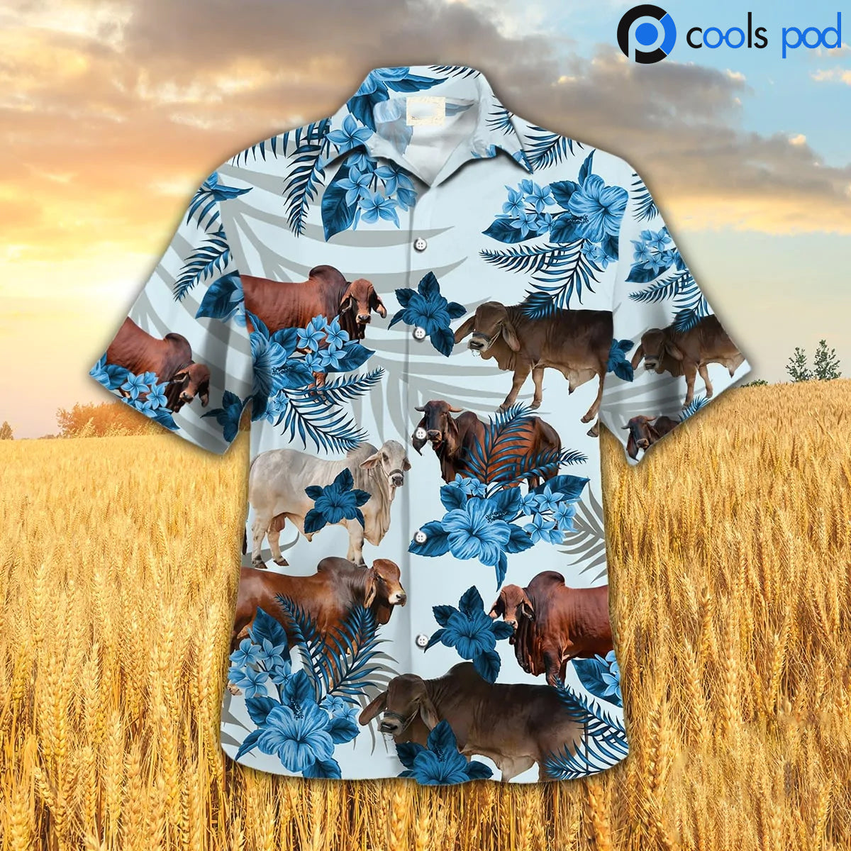 Brahman Full Colors Hibiscus Hawaiian Shirt, Farm Cow Blue Hawaiian Shirts, Men Hawaii Shirt