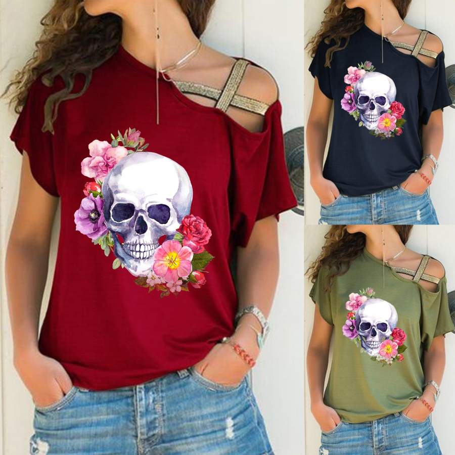 Floral Skull Off Shoulder Cross Band …