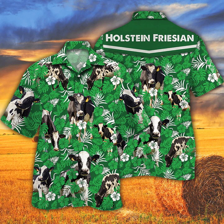 Cow Lovers Farm Cattle Mens Hawaiian Shirt – Holstein Friesian Cattle Lovers Green Floral Pattern Hawaiian Shirt