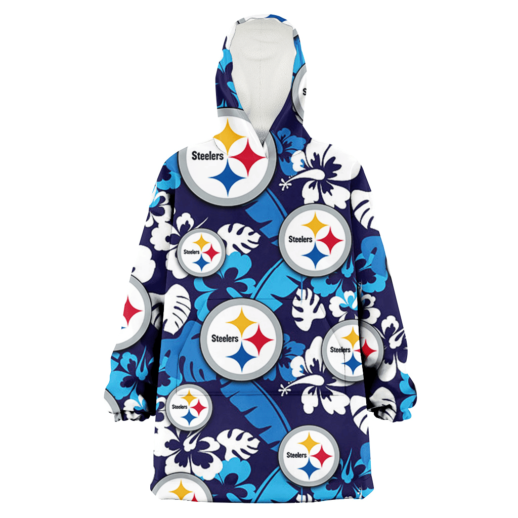 Pittsburgh Steelers Light Blue Hibiscus Banana Leaf Navy Background 3D Printed Hoodie Blanket Snug Hoodie