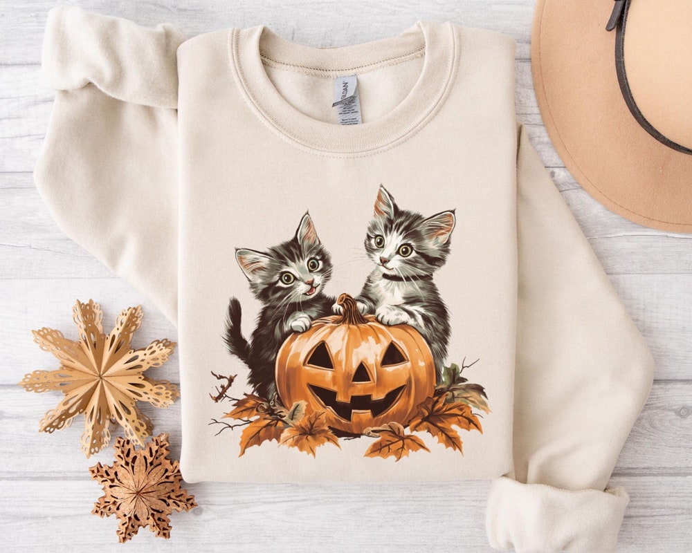 Vintage Cat Pumpkin Halloween T-shirt, Sweatshirt, Hoodie, Halloween Cat Sweater, Cats Pumpkin Sweater, Spooky Season, Cat Lover Gift, Halloween Gift