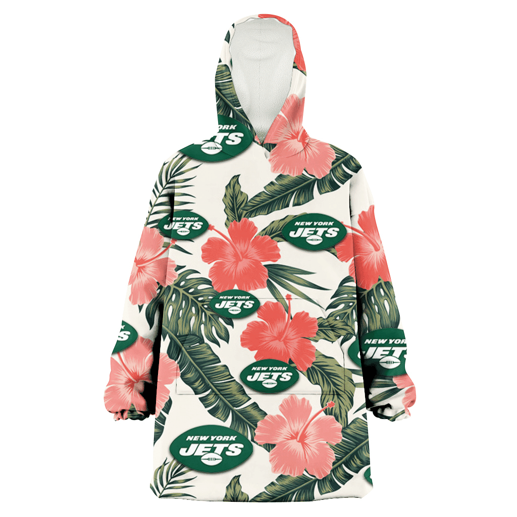 New York Jets Pink Coral Hibiscus Banana Leaf Beige Background 3D Printed Hoodie Blanket Snug Hoodie