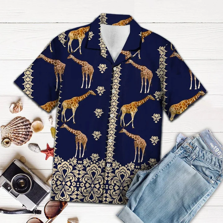 Giraffe Hawaii Shirt For Men Women, Giraffe Symbolic Art In Deep Blue Hawaiian Shirt