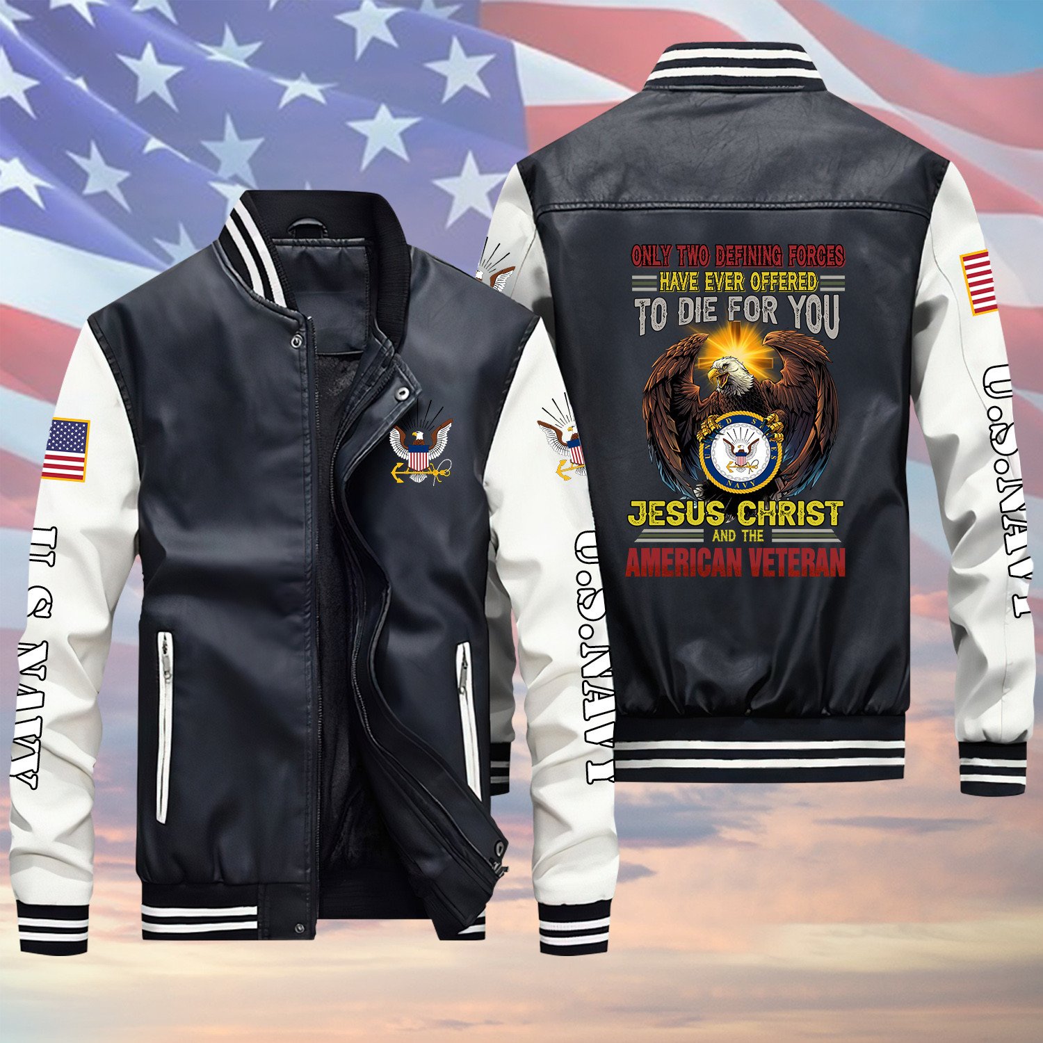 Only Two Defining Forces U.S Navy Veteran Black Winter Gear Leather Bomber Leterman Varsity Jacket