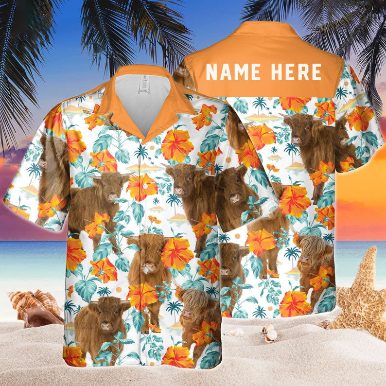 Custom Name Highland Cow Hibiscus Flowers All 3D Printed Hawaiian Shirt