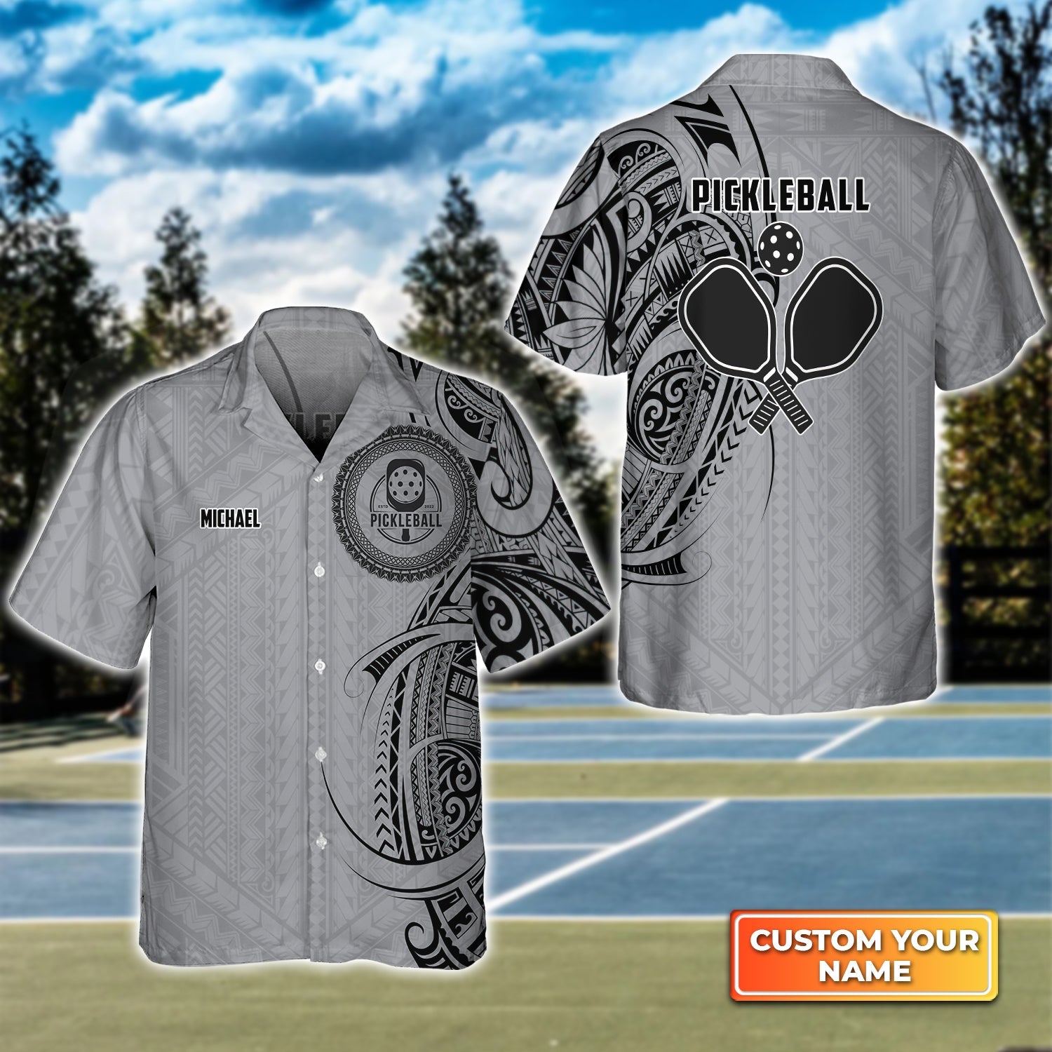 Strike Grey Tribal Tattoo Personalized Name 3D Hawaiian Shirt Gift For Pickleball Player