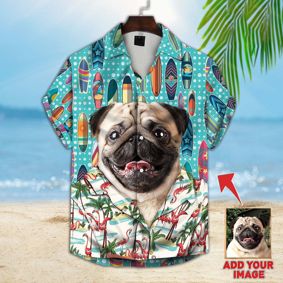 Upload Photo Dog Surfing Pattern Short-Sleeve Hawaiian Shirt, Gift For Dog Lover, Hawaiian Shirt Men Women