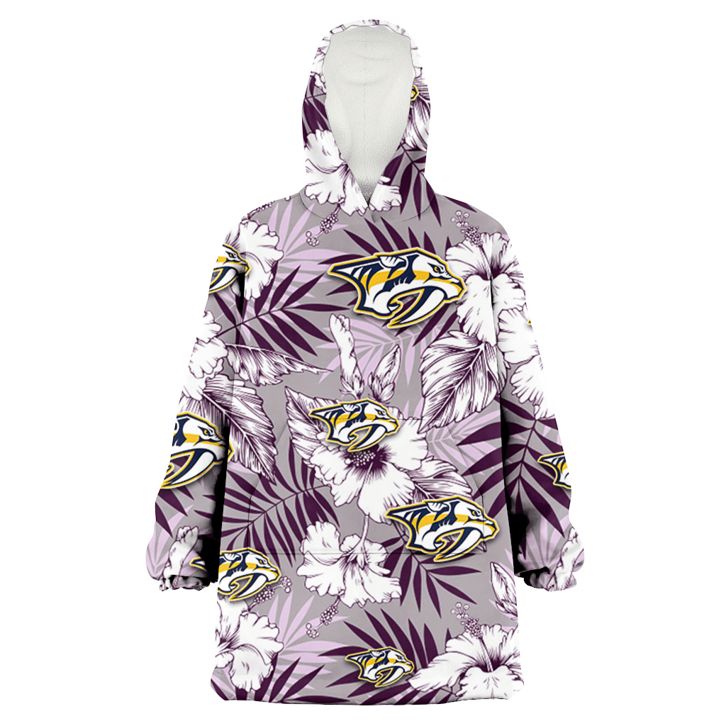 Nashville Predators White Hibiscus Violet Leaves Light Grey Background 3D Printed Hoodie Blanket Snug Hoodie