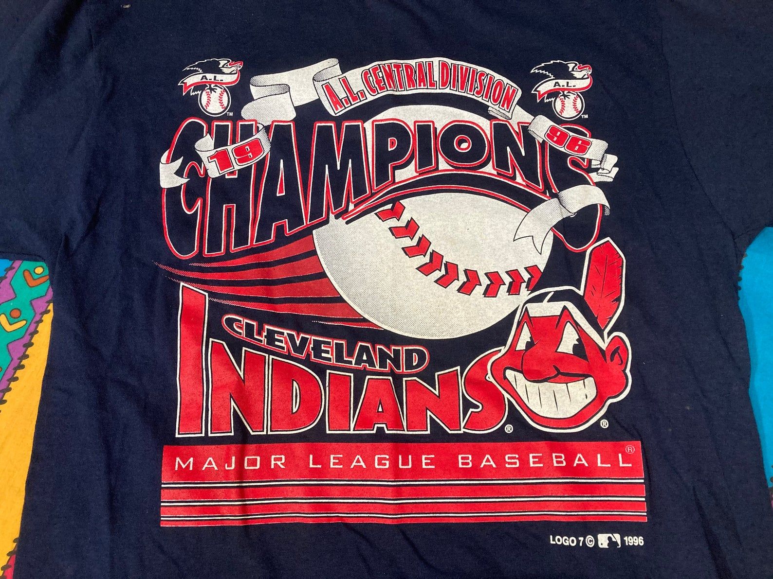 Vintage 1996 Deadstock W Tags Cleveland Indians Division Champions Shirt – Sz L – Logo 7 Wahoo Tee 90S Grunge Era