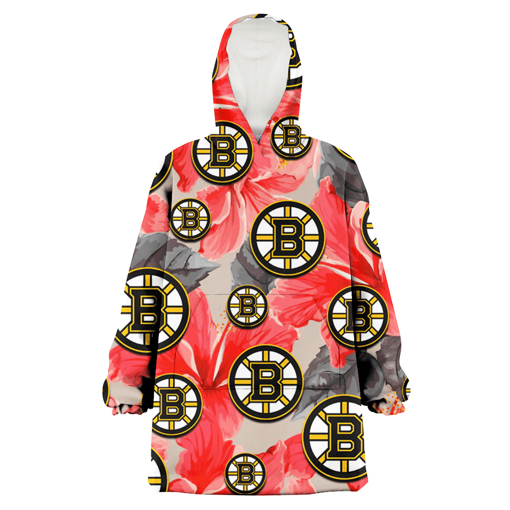 Boston Bruins Red Hibiscus Gray Leaf Gainsboro Background 3D Printed Hoodie Blanket Snug Hoodie