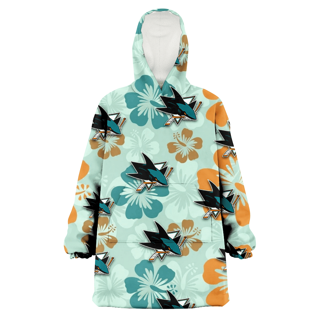 San Jose Sharks Orange Green Hibiscus Pale Green Background 3D Printed Hoodie Blanket Snug Hoodie