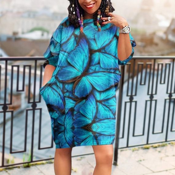 Blue Butterflies Batwing Pocket Dres …